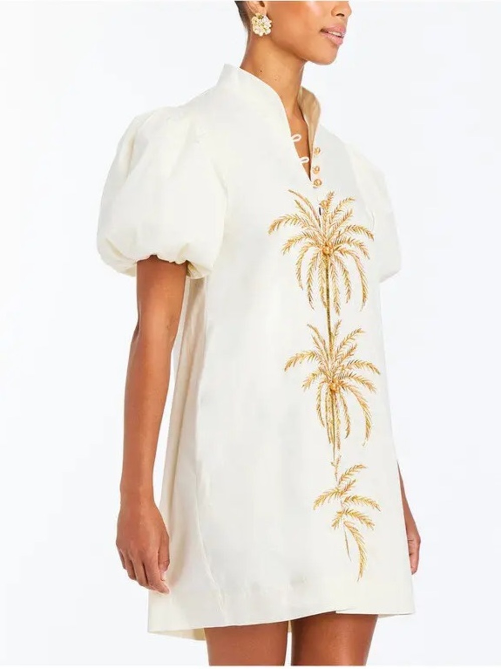Mestiza Elliana Dress Large Palm Tree Embroidery Short Puff Sleeve Ivory Gold - Picture 4 of 7